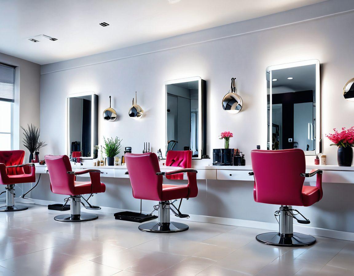 A stylish and chic hair salon interior, filled with luxurious hair products, elegant styling tools, and a stylish hairdresser showcasing a trendy hairstyle on a client. Incorporate diverse models with different hair types displaying various hair trends, surrounded by shimmering lights and vibrant colors, creating an inviting atmosphere for hair enthusiasts. super-realistic. vibrant colors. white background.