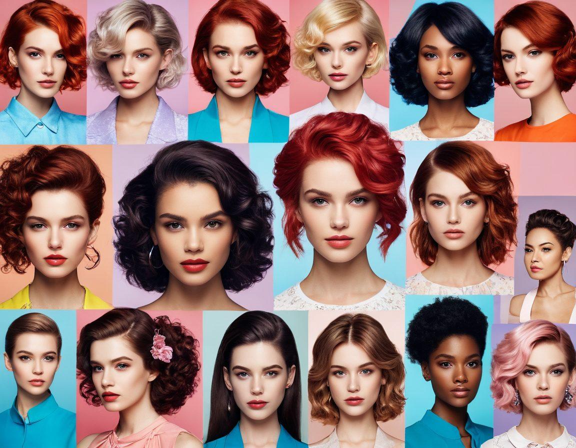 A stylish collage showcasing diverse hairstyles and fashion tips, featuring vibrant colors, close-ups of elegant hairdos, trendy accessories, and chic outfits for different occasions. Include elements like hair tools, fashion magazines, and seasonal flowers to evoke a sense of creativity and inspiration. The background should be soft and inviting to enhance the overall aesthetic. super-realistic. vibrant colors. warm background.
