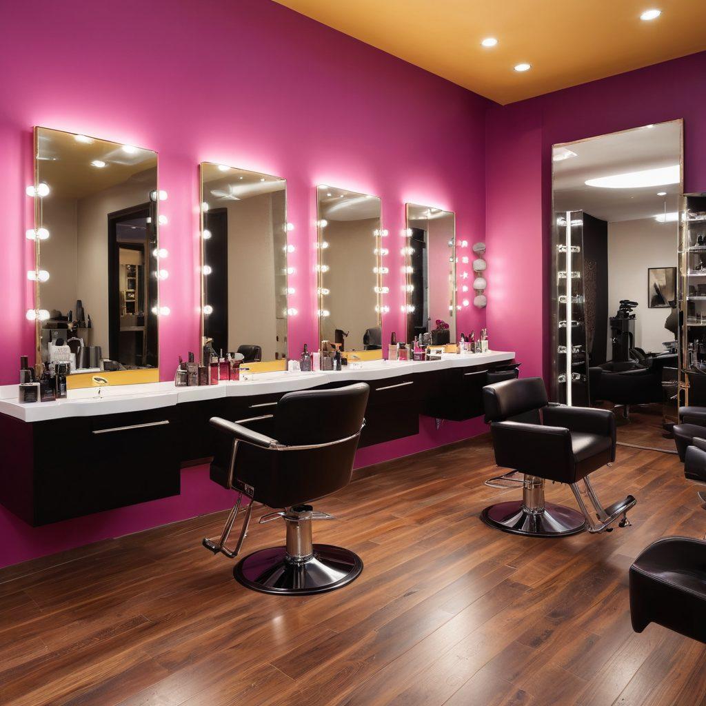 An elegant hair salon scene featuring a diverse group of individuals receiving hair treatments, surrounded by various hair products and tools. Soft, warm lighting enhances the luxurious atmosphere, with a stylish hair stylist demonstrating techniques on a client. Add elements like vibrant hair colors and beautifully styled hair to emphasize the theme of hair maintenance and beauty. The background should include mirrors reflecting the dynamic energy of the salon. super-realistic. vibrant colors. cozy ambiance.